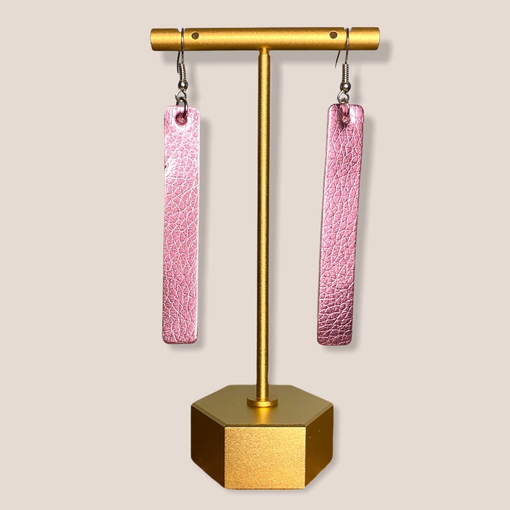 Metallic Faux Leather Vinyl Pink Rectangle Earring